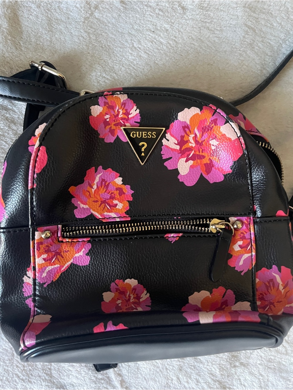 GUESS Black Mini Backpack with Pink and Orange Floral Print